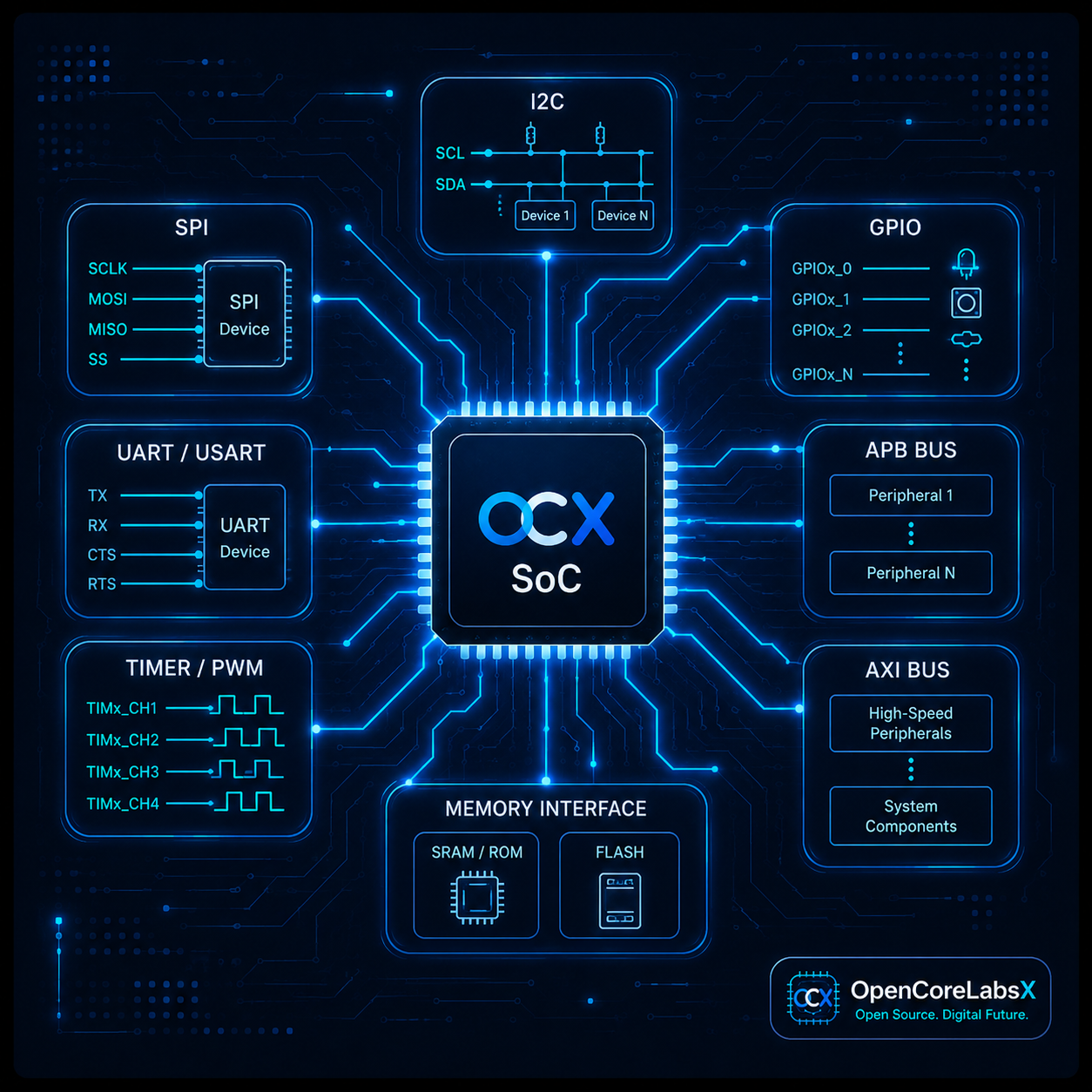 OpenCoreLabsX SoC peripheral architecture diagram