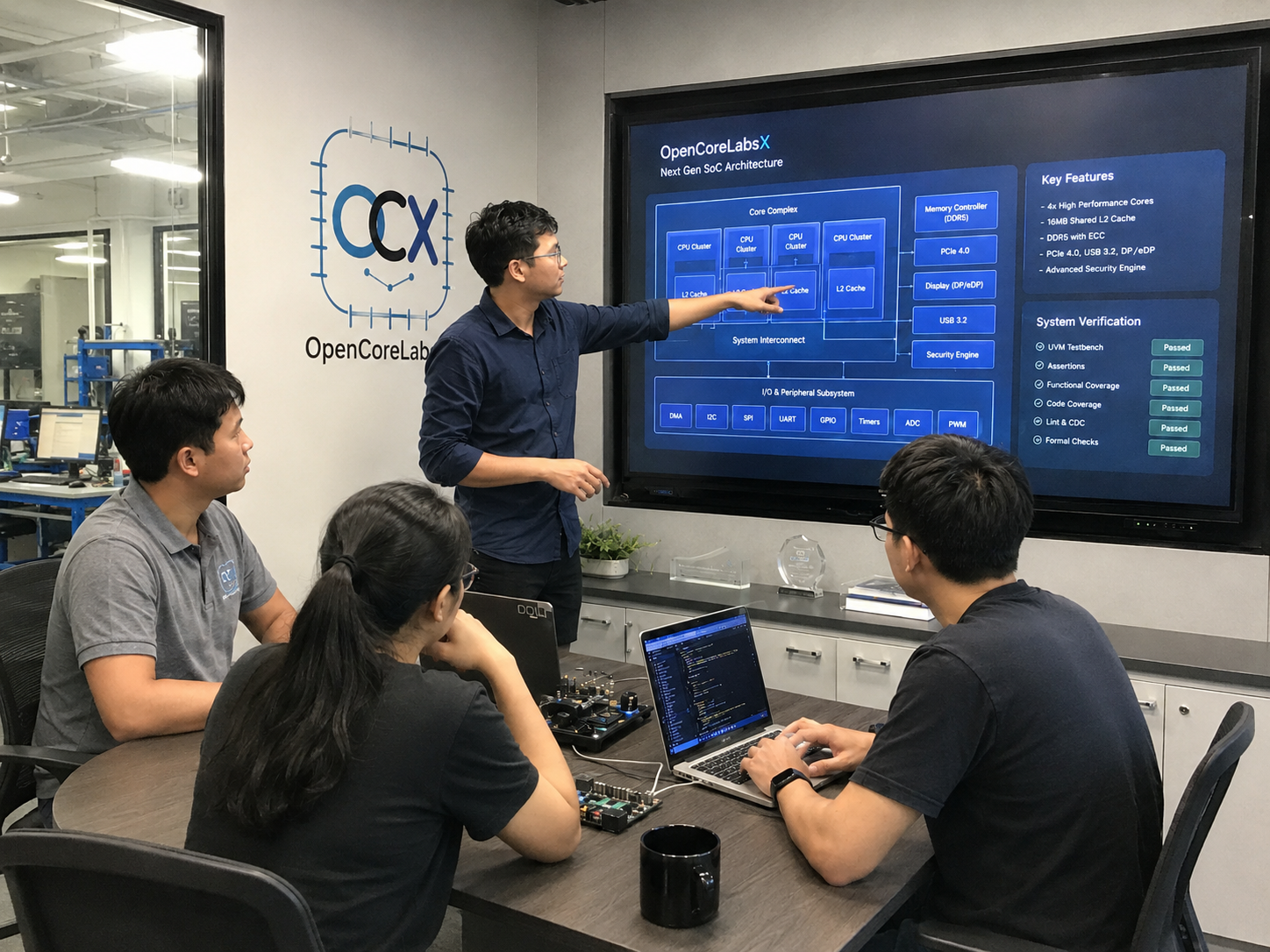 OpenCoreLabsX engineers reviewing SoC architecture in the lab